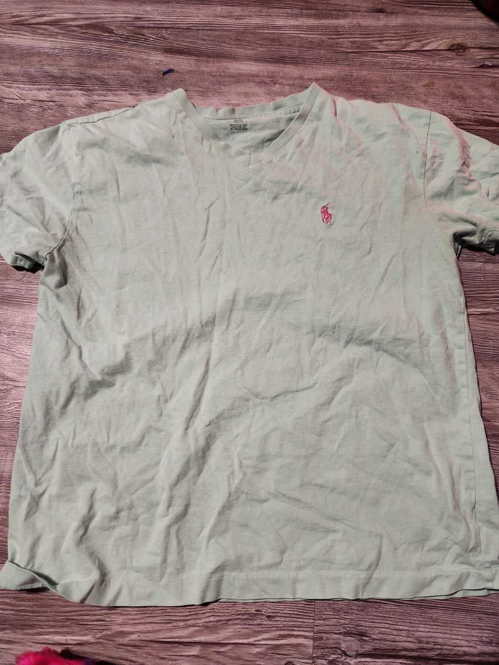 Ralph Lauren Light Green V-Neck Tee with Pink Pony Logo